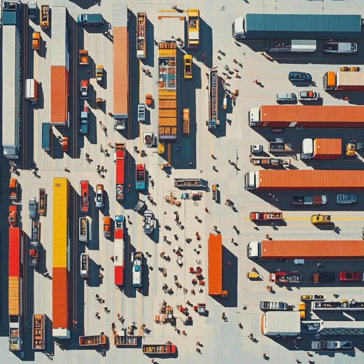 Aerial view of warehouse operations representing organized truck dispatching service