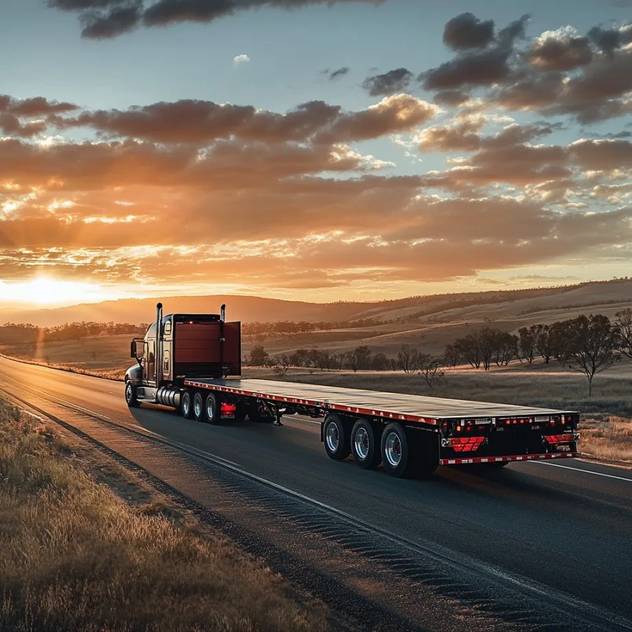 Flatbed trailer at sunset symbolizing flatbed and step deck dispatch service for specialized freight