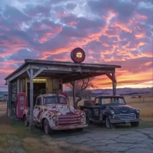 Vintage pickup truck at gas pump at sunset (illustrates diesel price inflation and trucking fuel costs)” (1)