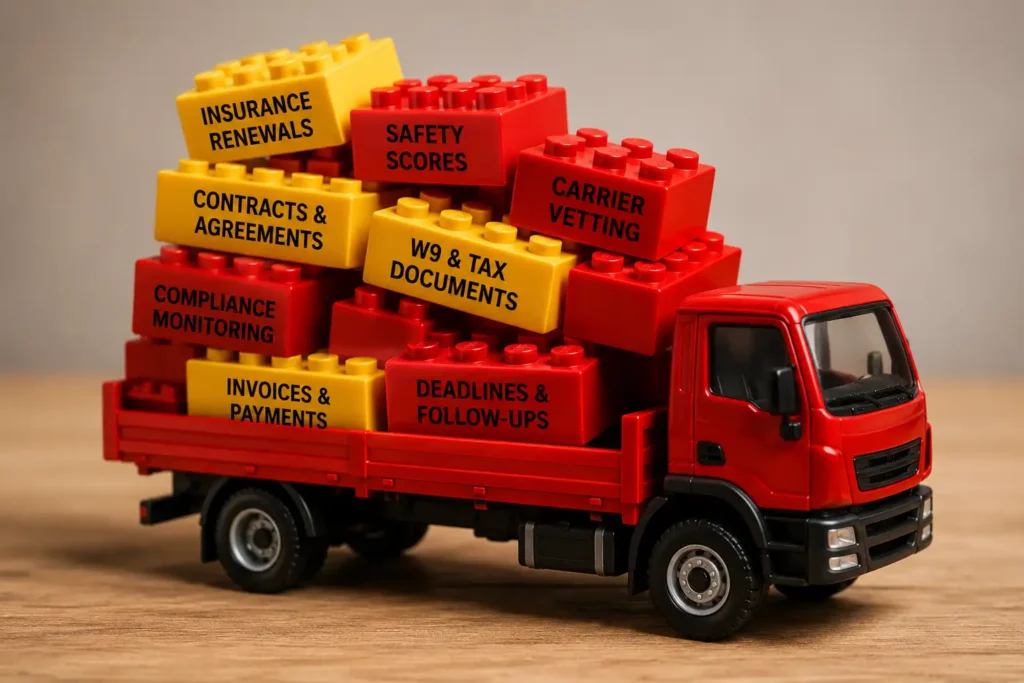 A red toy truck loaded with red and yellow bricks, like revoked ELD or trucking compliance deadline