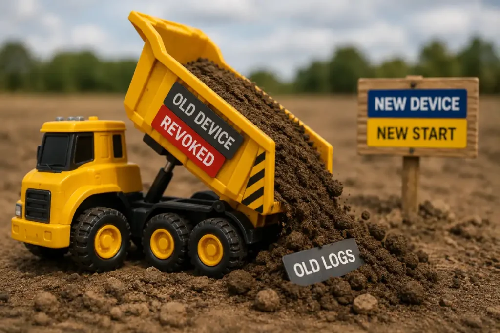 A yellow toy dump truck in a field with dirt symbolizing revoked ELD and getting new truck ELD