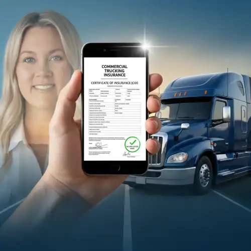 Driver handing insurance certificate to broker on a scale model of a truck, symbolizing compliance.