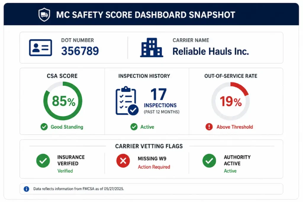 Visual of a dispatcher’s MC vetting summary used to avoid risky broker-carrier matches.