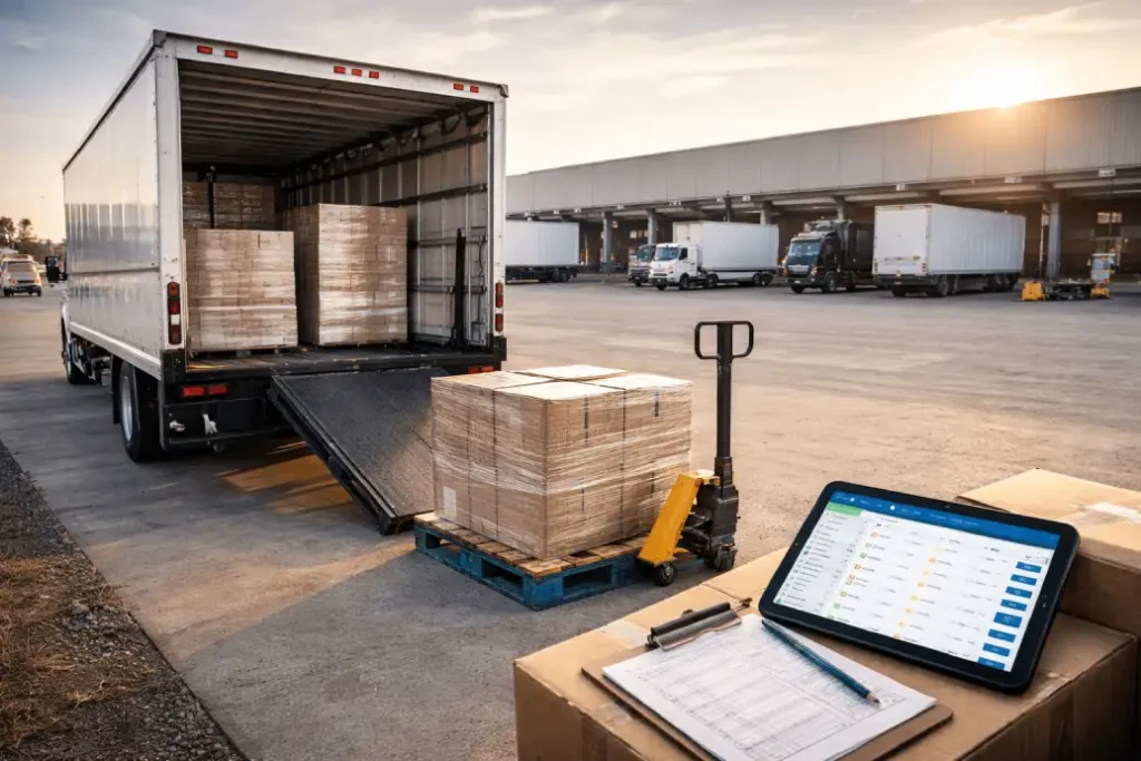box truck load boards open on a laptop while a dispatcher plans the next reload in the box truck market