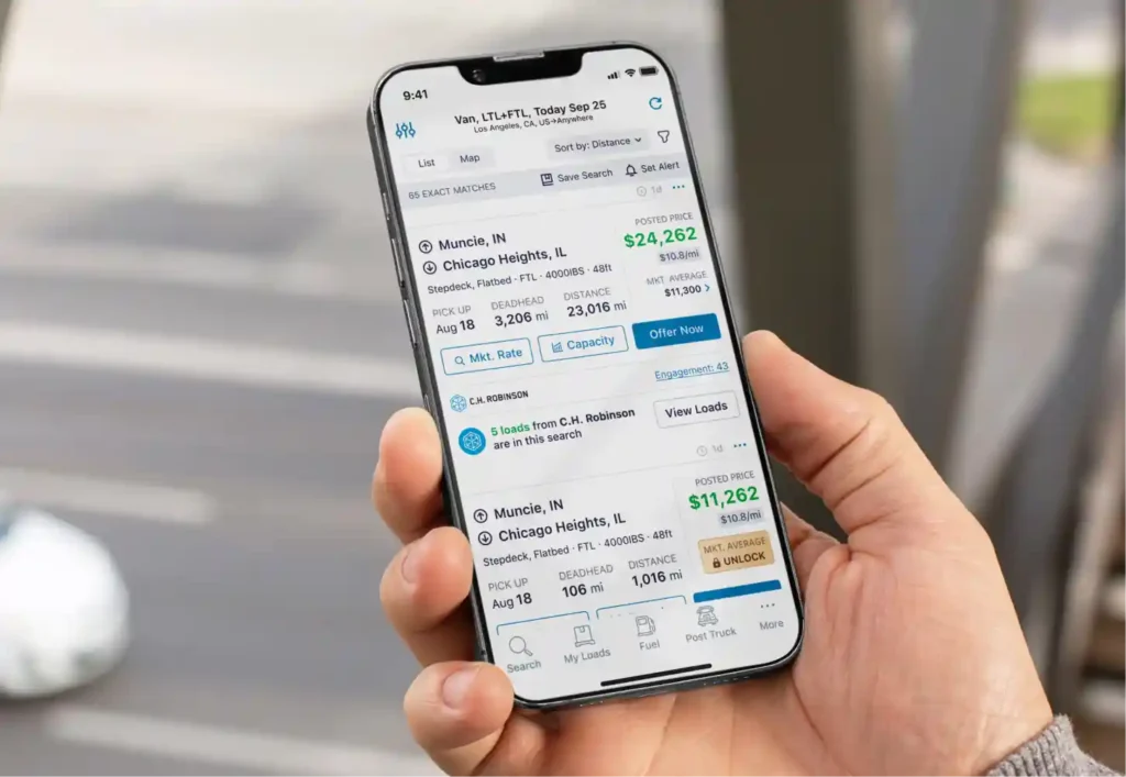 phone screen showing hotshot load boards with saved alerts for urgent freight